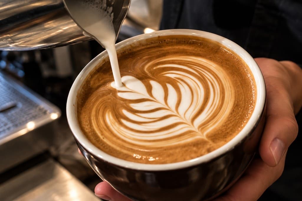Latte art poured into a ceramic cup