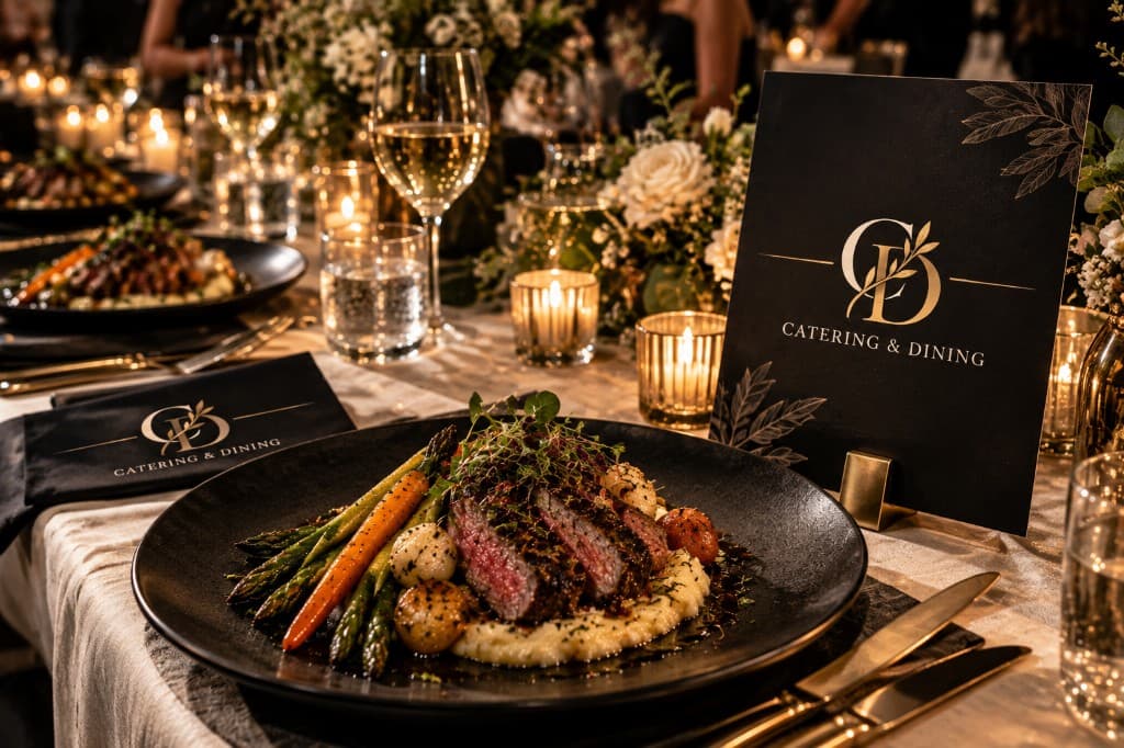 A plated steak course at a Catering & Dining table