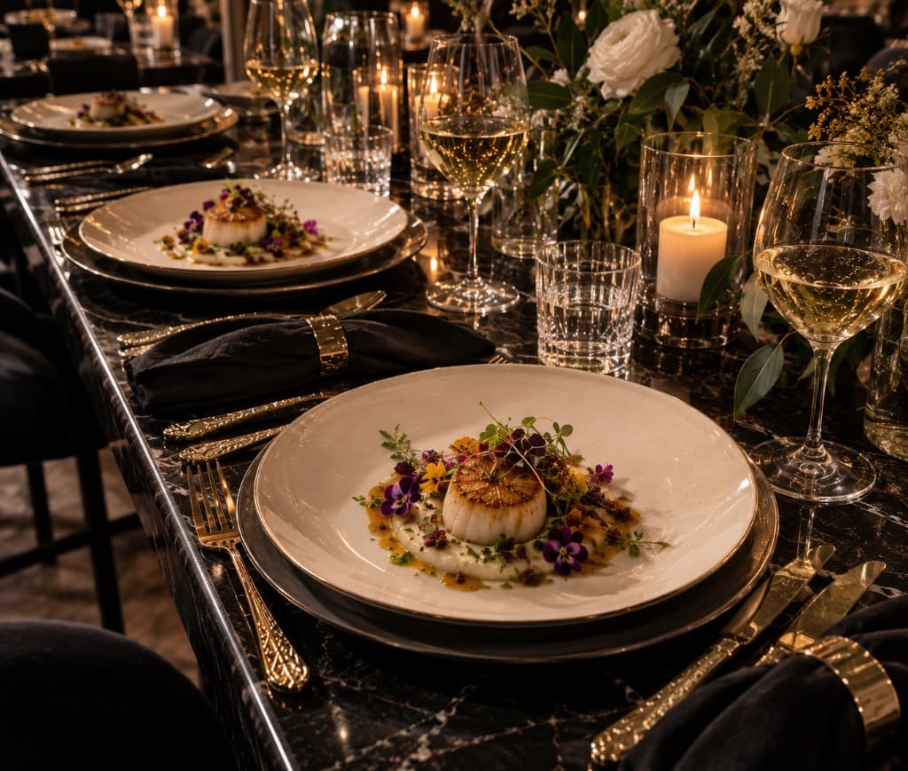 A plated private dining table with candles and wine