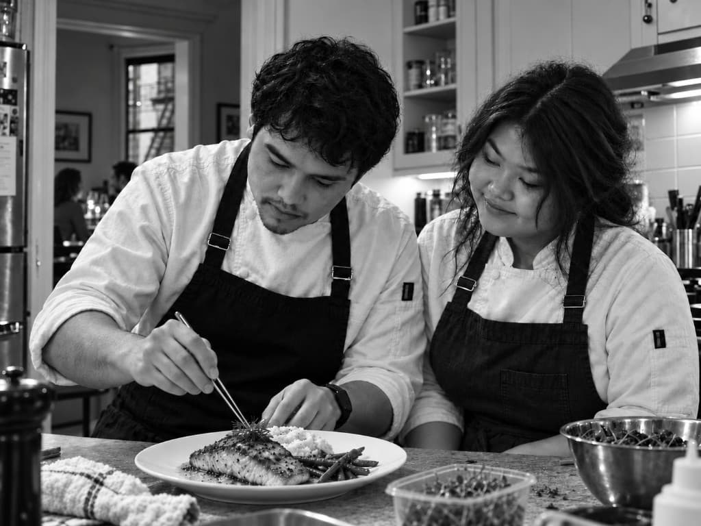 Two chefs plating a course in a home kitchen